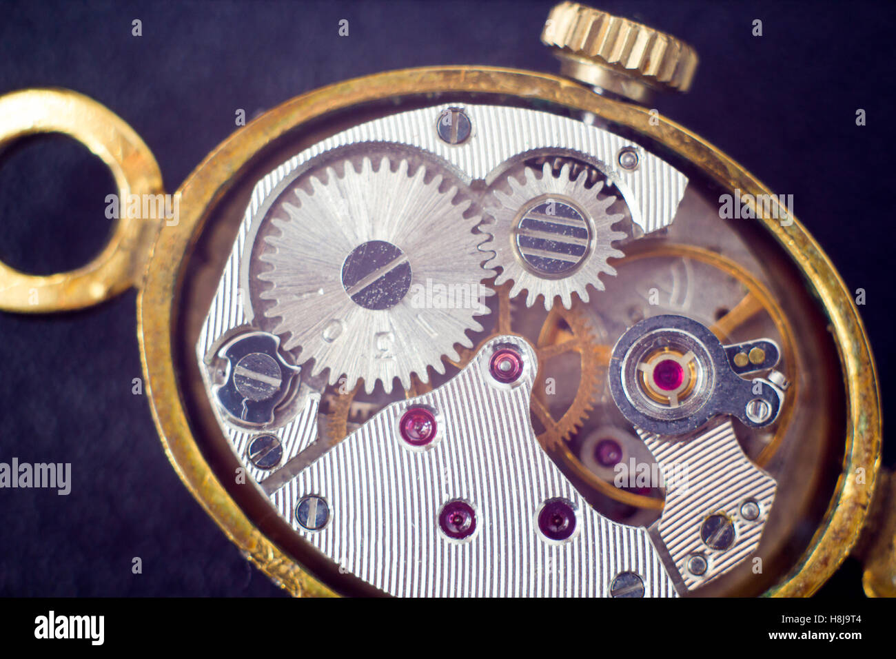 Old analogue clock mechanism Stock Photo