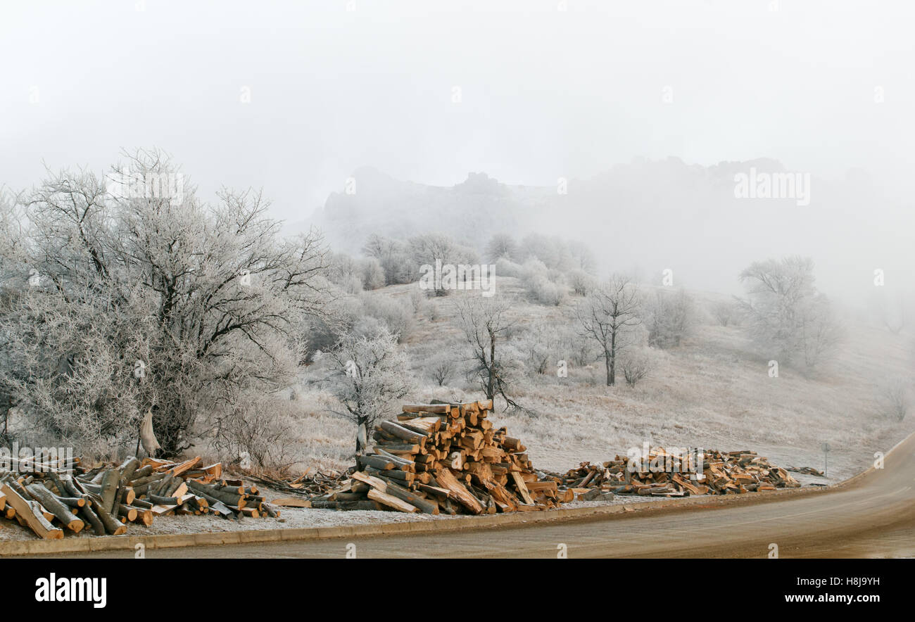 Winter landscape mist and road Stock Photo - Alamy
