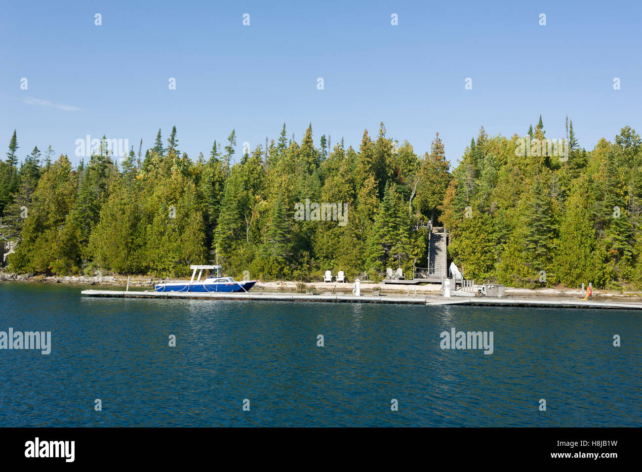 Homes along the shores of Bay in Tobermory, Ontario, Canada