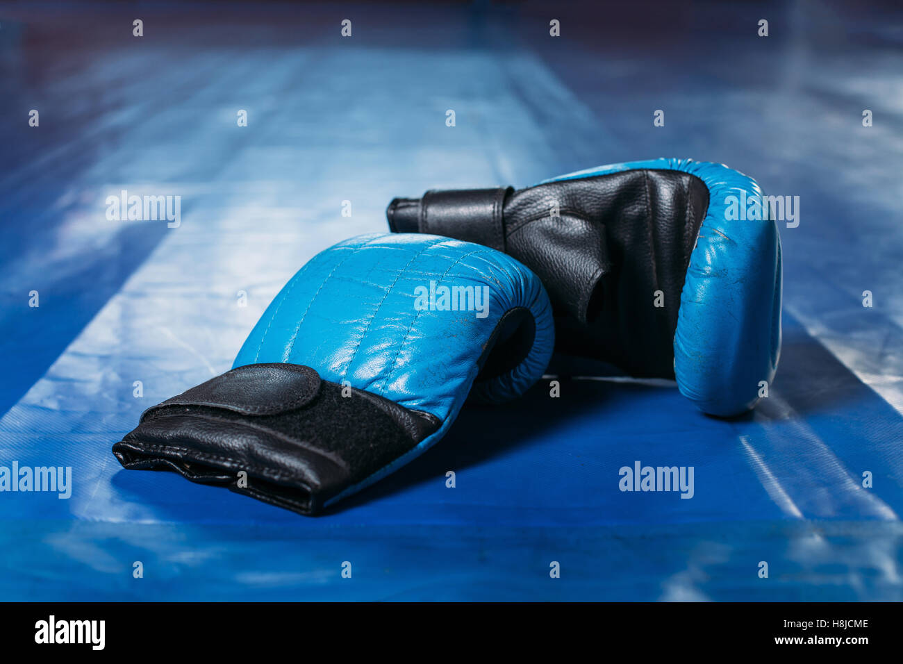 Boxing gloves on the floor of the ring. Stock Photo