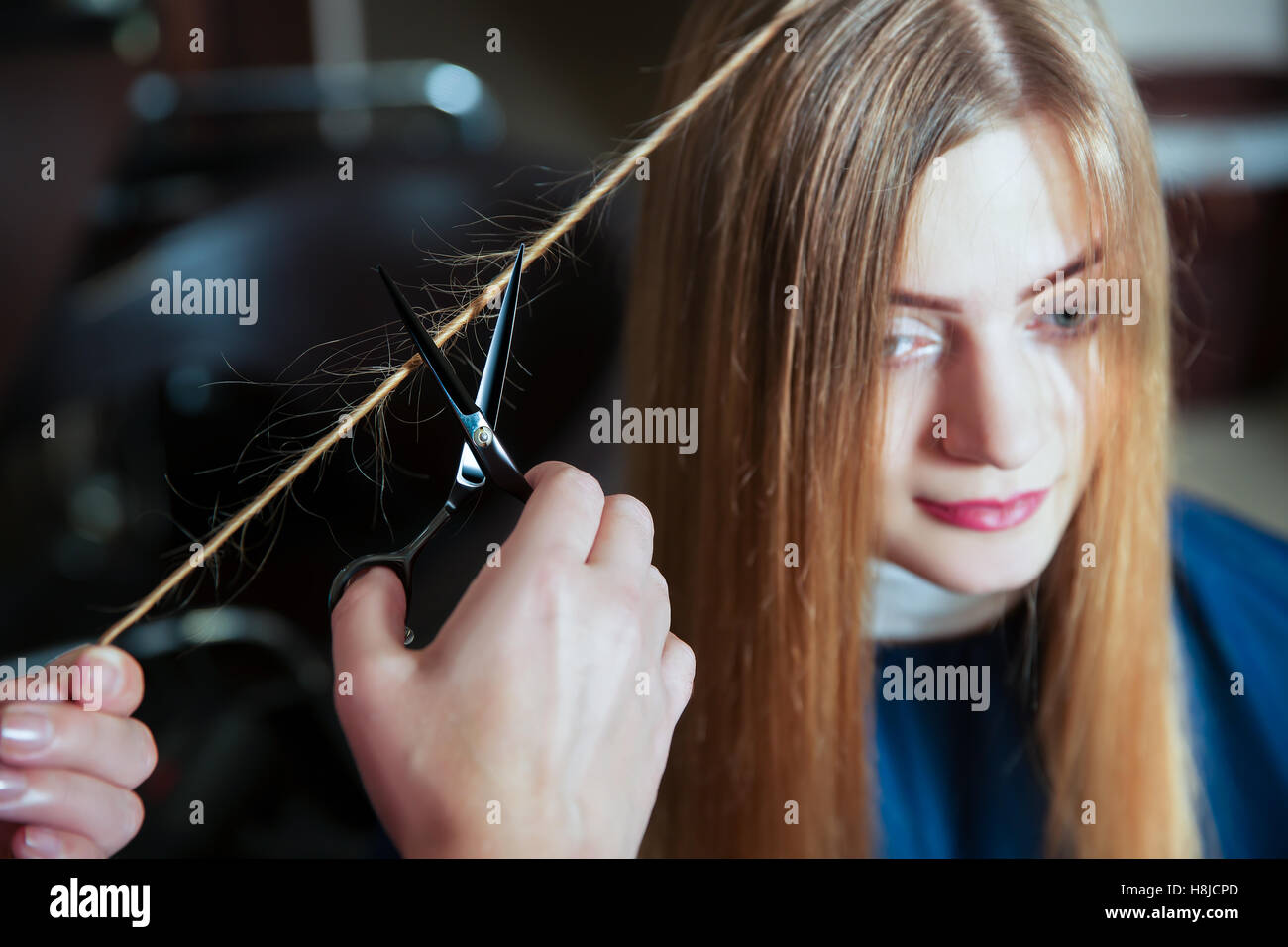 Hairdresser making hairstyle with scissors Stock Photo Alamy