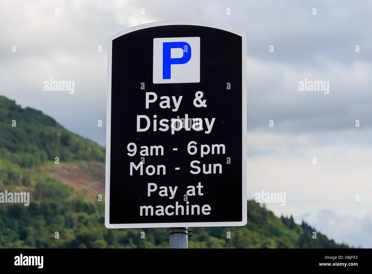 Black and white Pay and Display parking sign Stock Photo