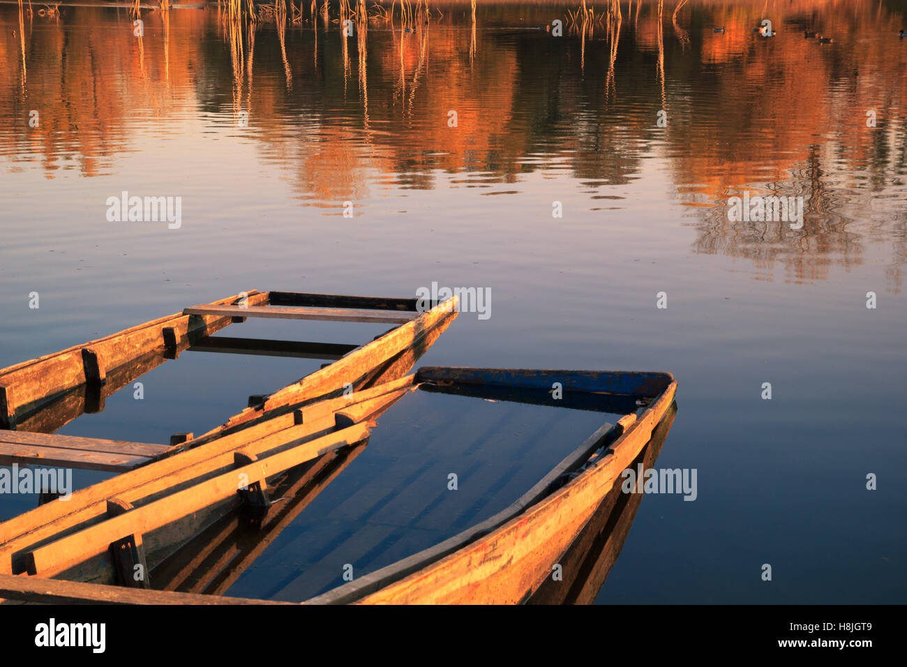 Wooden fishing boats at sunset on river or lake Stock Photo