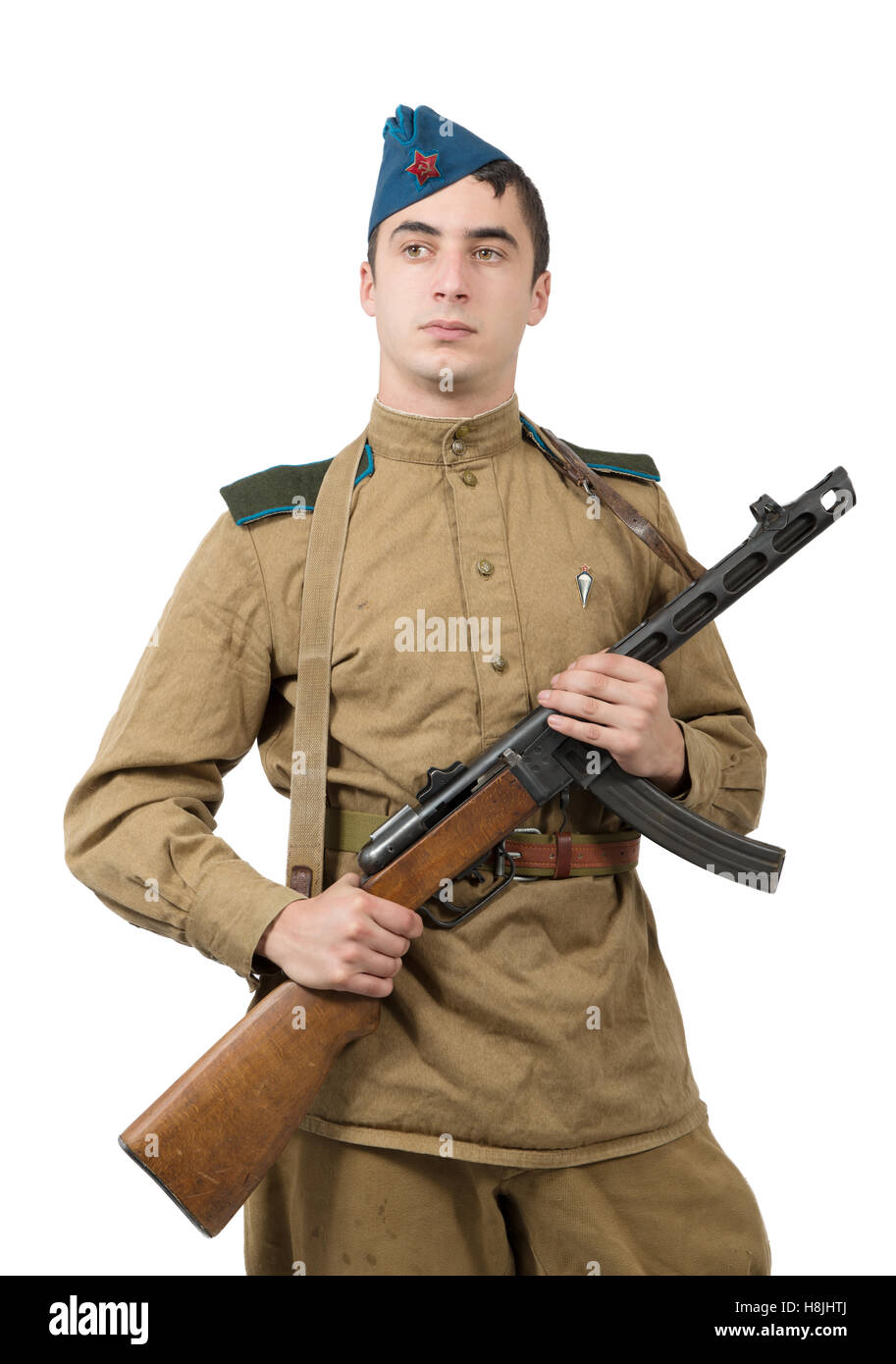 young paratrooper Soviet soldier with machine gun, ww2 Stock Photo
