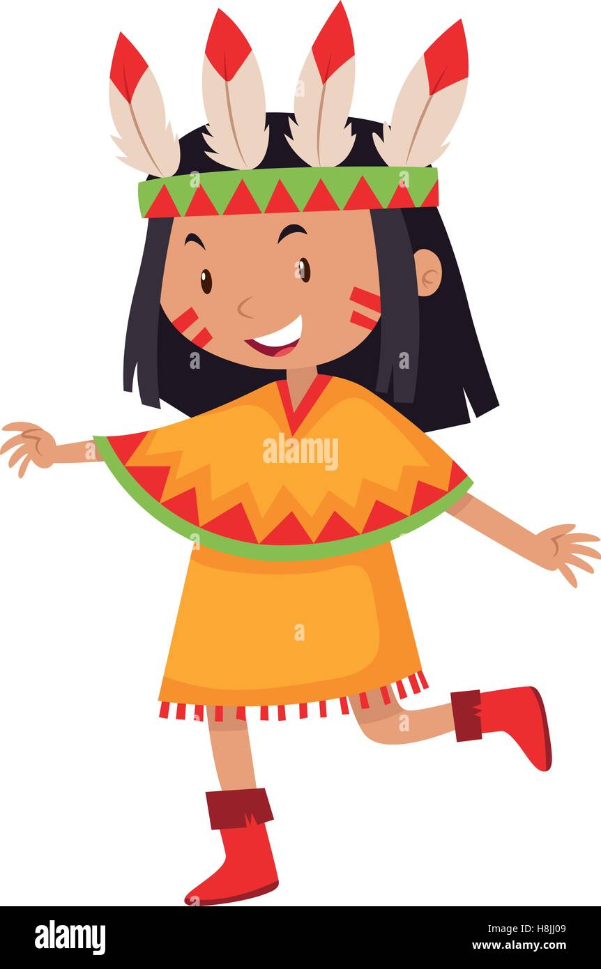 Little girl in native american indian costume illustration Stock Vector ...