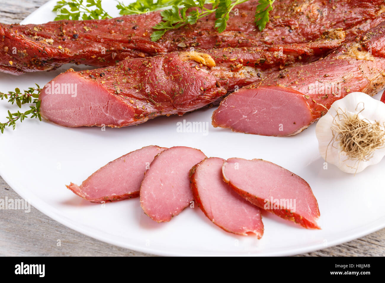 Smoked and spicy pork tenderloin, air dried Stock Photo