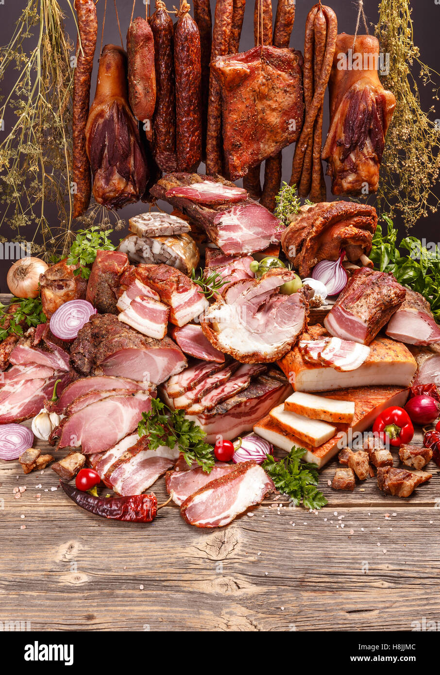 Still life of various pork meat products Stock Photo