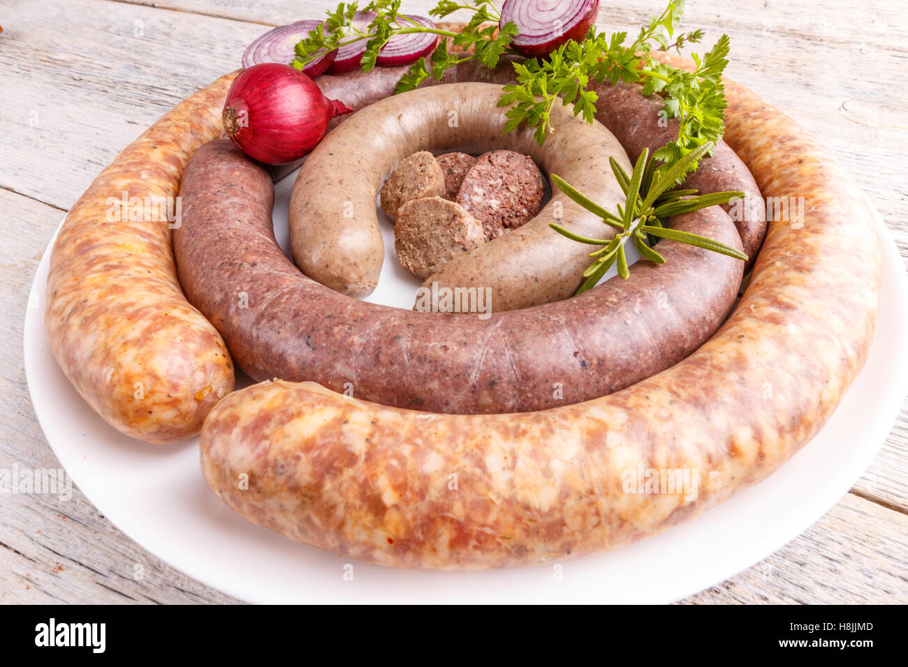 Blood pudding, sausage and white pudding on plate Stock Photo Alamy