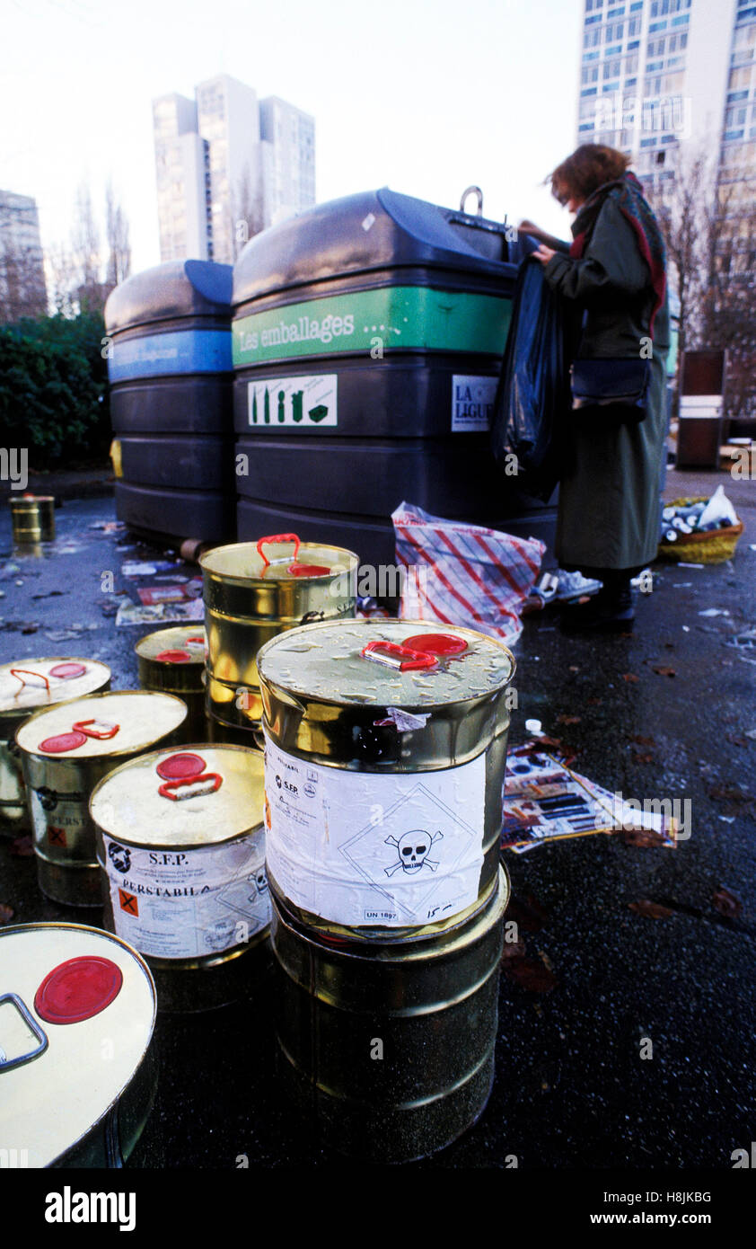 Toxic waste cans in a garbage collect center, Val de Marne, france