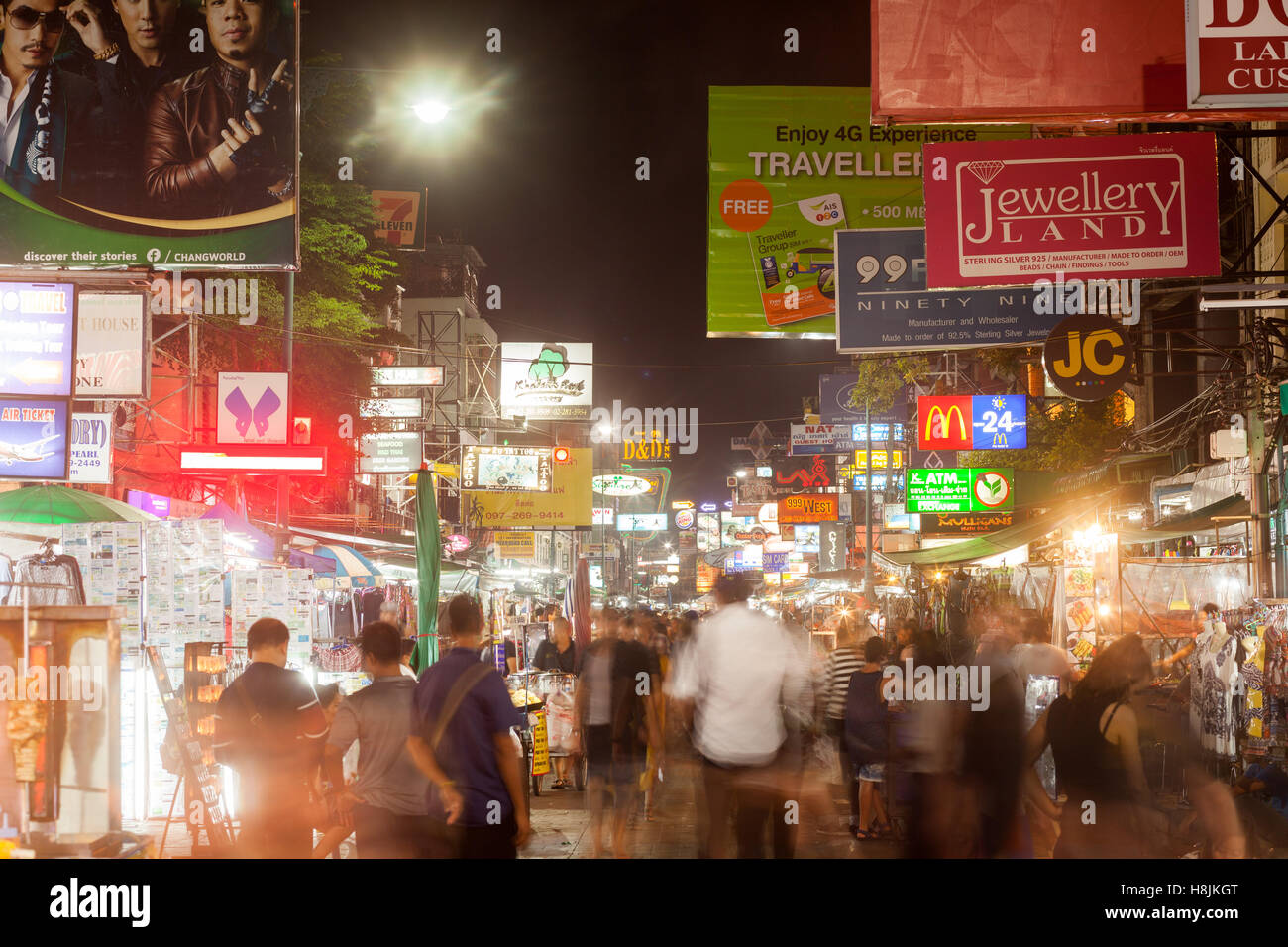 BANGKOK - 20 Oct 2016: Food stands, bars, and tourist shops line Khao San Road on October 20, 2016 in Bangkok Stock Photo