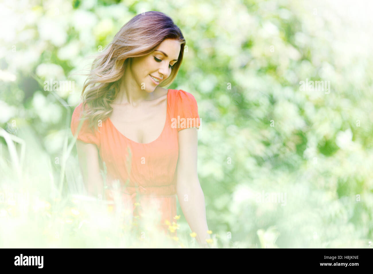 beautiful young woman in red dress sitting on grass Stock Photo - Alamy