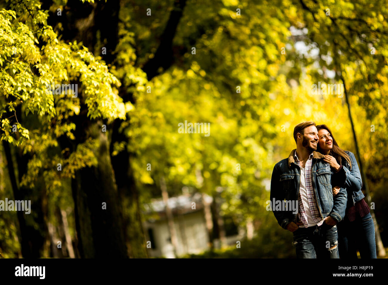 Young loving couple having a walk in the autumn park Stock Photo - Alamy