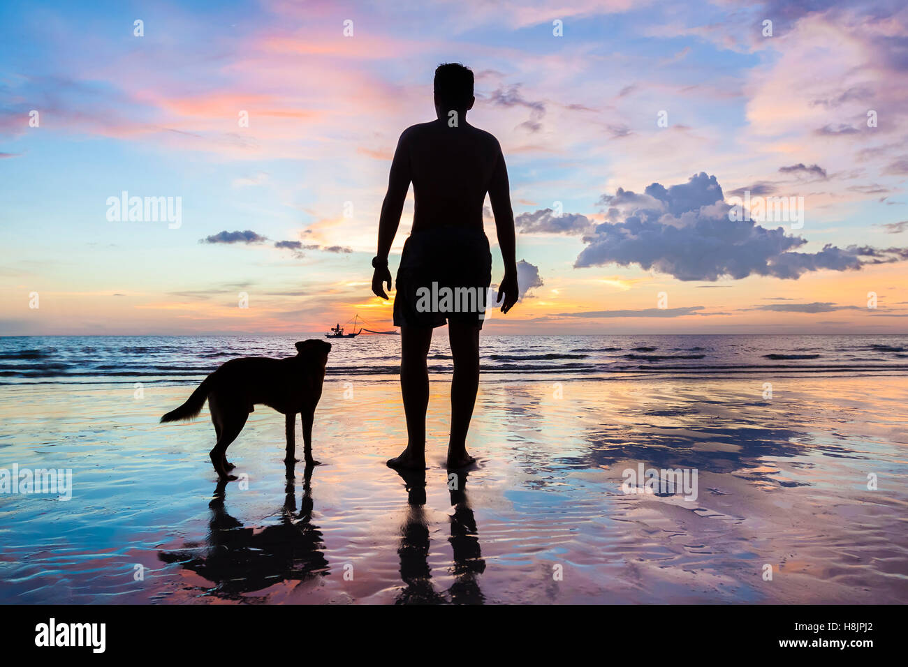 Silhouette of a man and a dog standing together on the beach at sunset and looking at horizon, friendship between man and animal Stock Photo