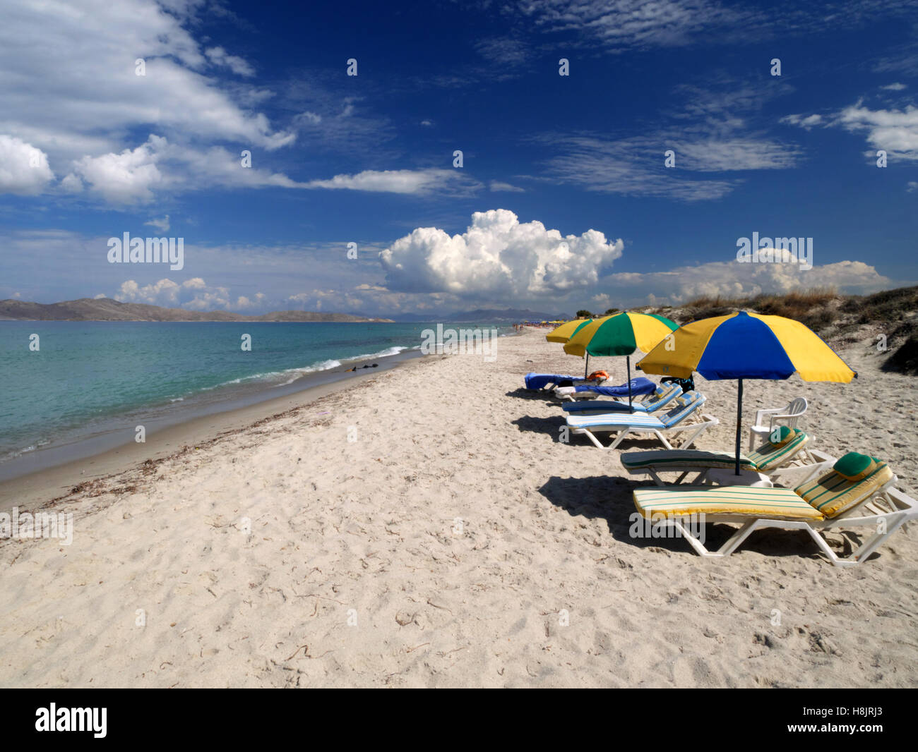 Limnara beach, Marmari, Kos, Greece.  Views across the Aegean to Pserimos. Stock Photo
