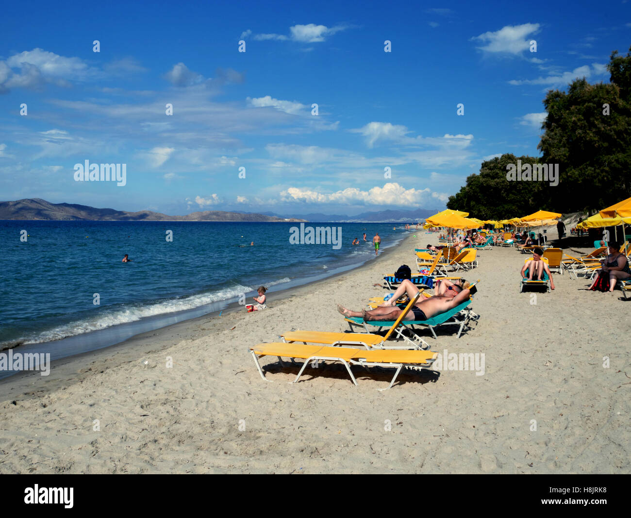 Limnara beach, Marmari, Kos, Greece.  Views across the Aegean to Pserimos and Bodrum. Stock Photo