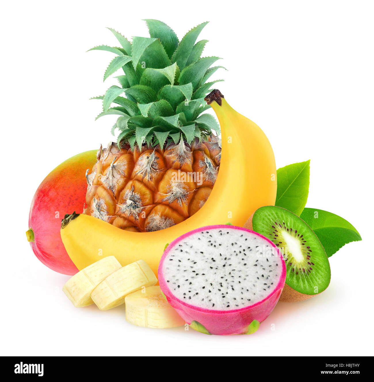 Isolated tropical fruits. Pineapple, banana, kiwi, dragon fruit and mango isolated on white background with clipping path Stock Photo