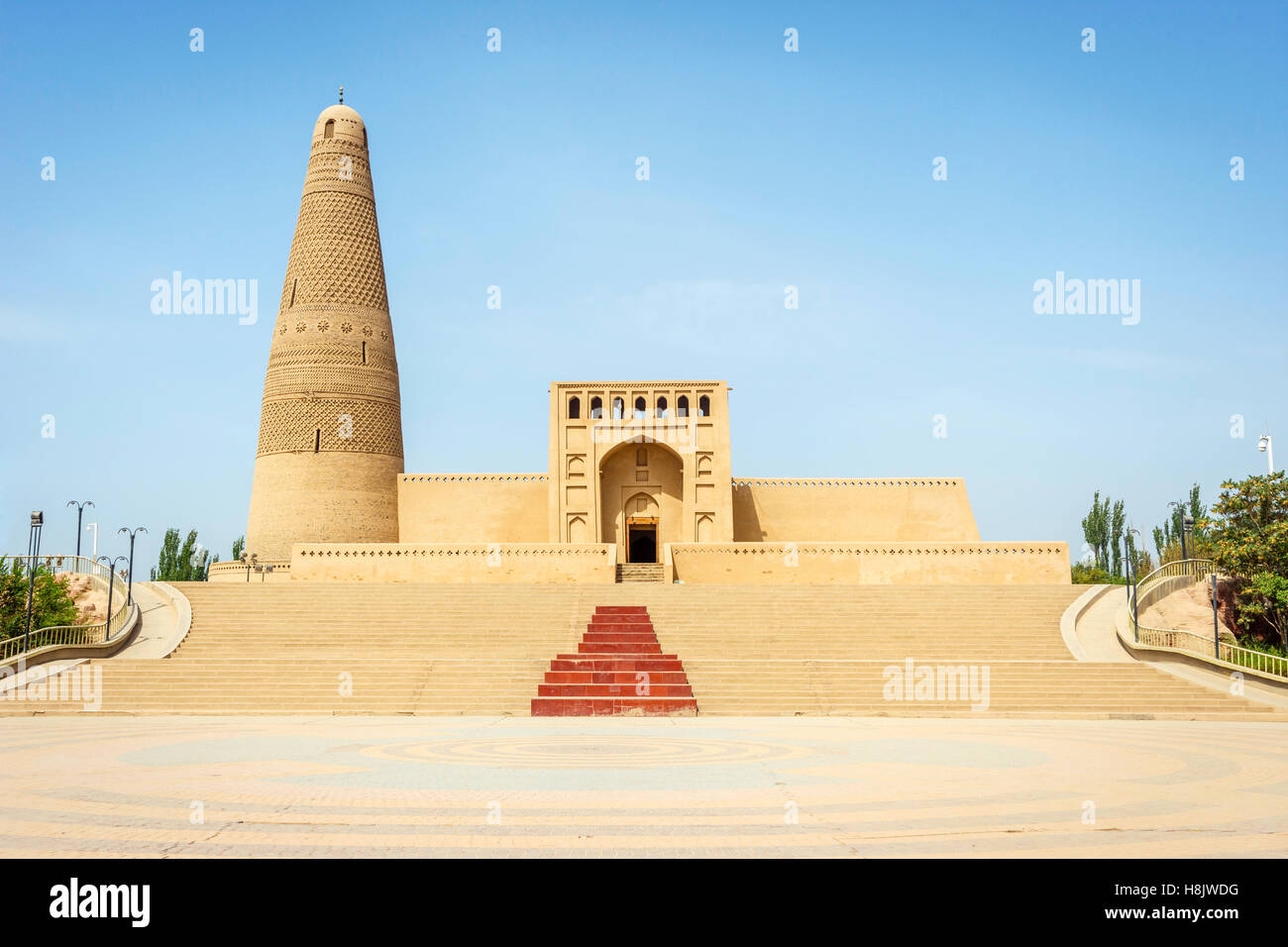View over Emin minaret and the mosque, the highest minaret in China. Turpan, Xinjiang Stock Photo