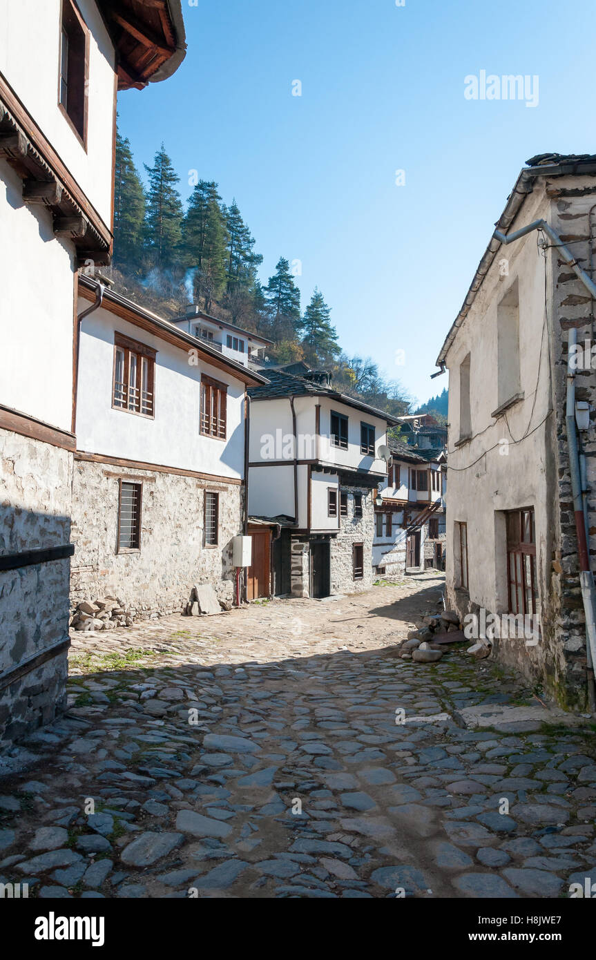 Old traditional houses  in ethnographic reserve of Shiroka Laka, Bulgaria Stock Photo