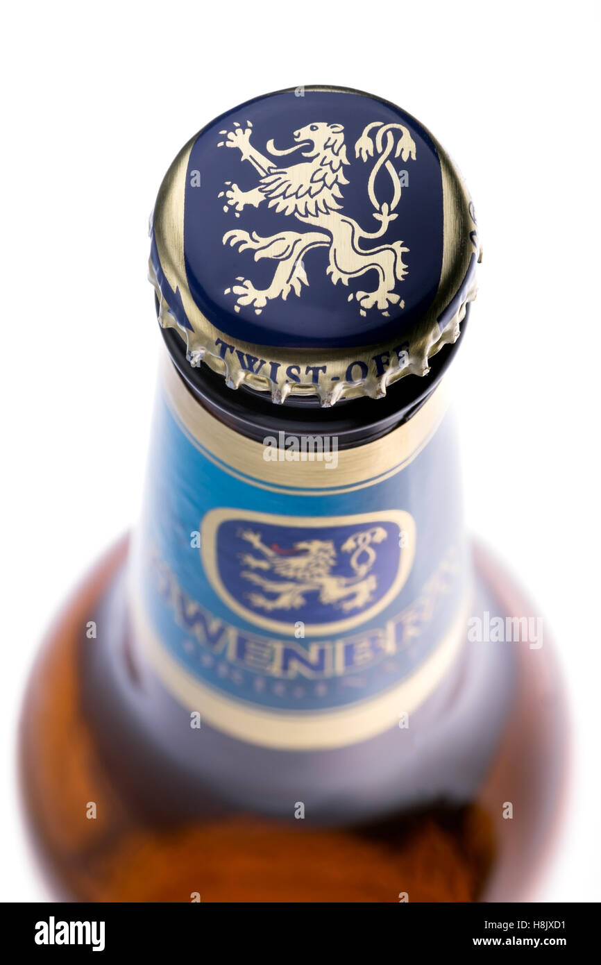 Germany Beer. Top view of Lowenbrau beer bottle on white backround Stock Photo