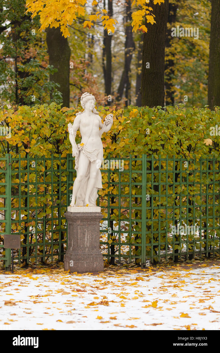 Statue of the Libyan Sibyl in Summer Garden after the first snowfall, St. Petersburg, Russia Stock Photo