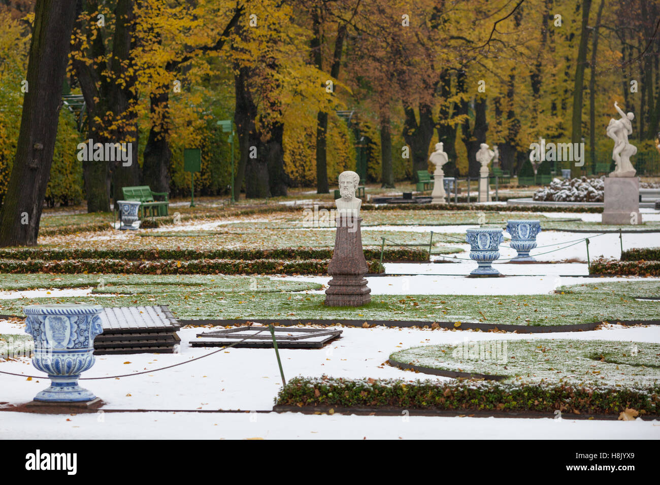 View on Ceremonial parterre in Summer Garden after the first snowfall, St. Petersburg, Russia Stock Photo