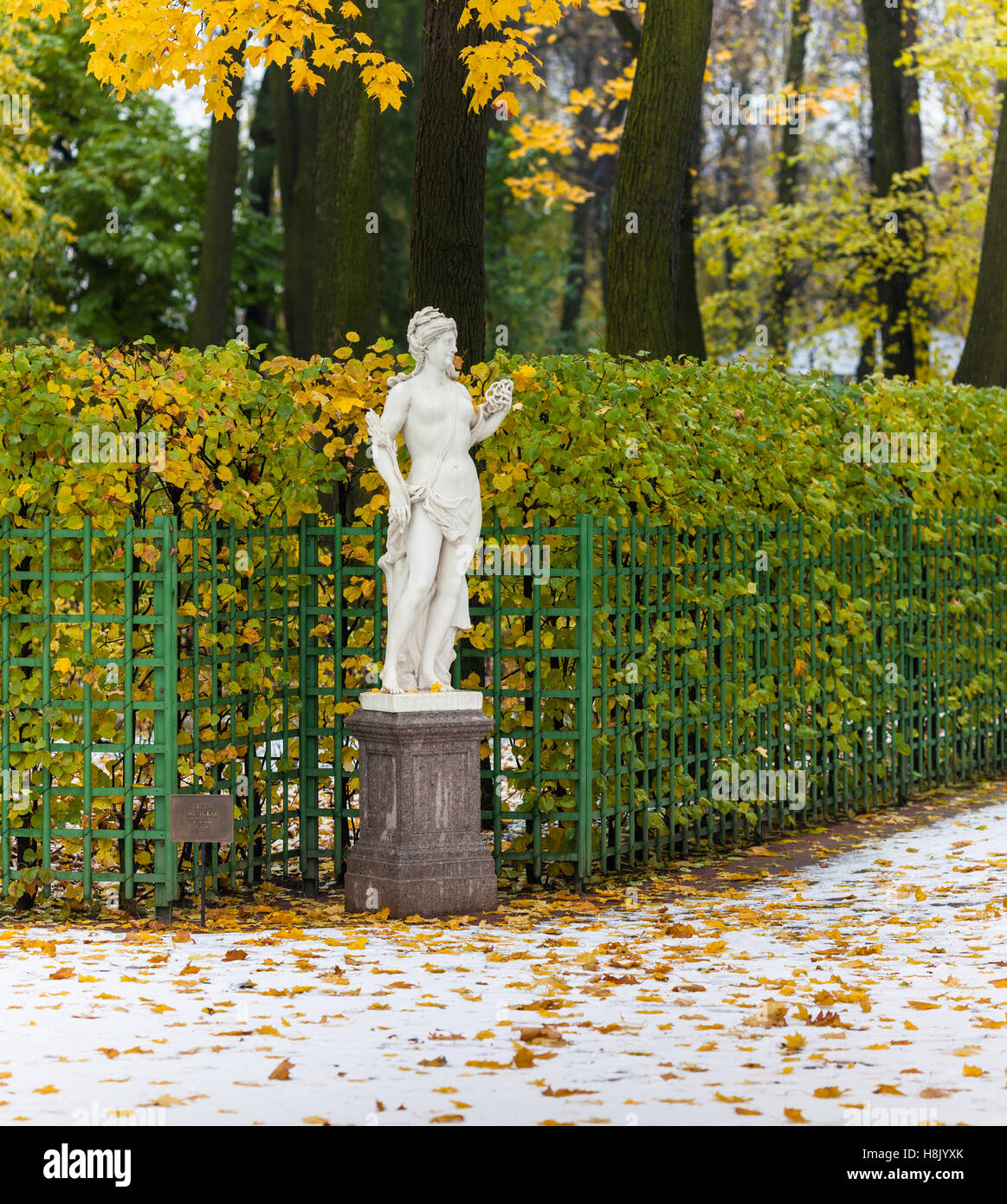Statue of the Libyan Sibyl in Summer Garden after the first snowfall, St. Petersburg, Russia Stock Photo