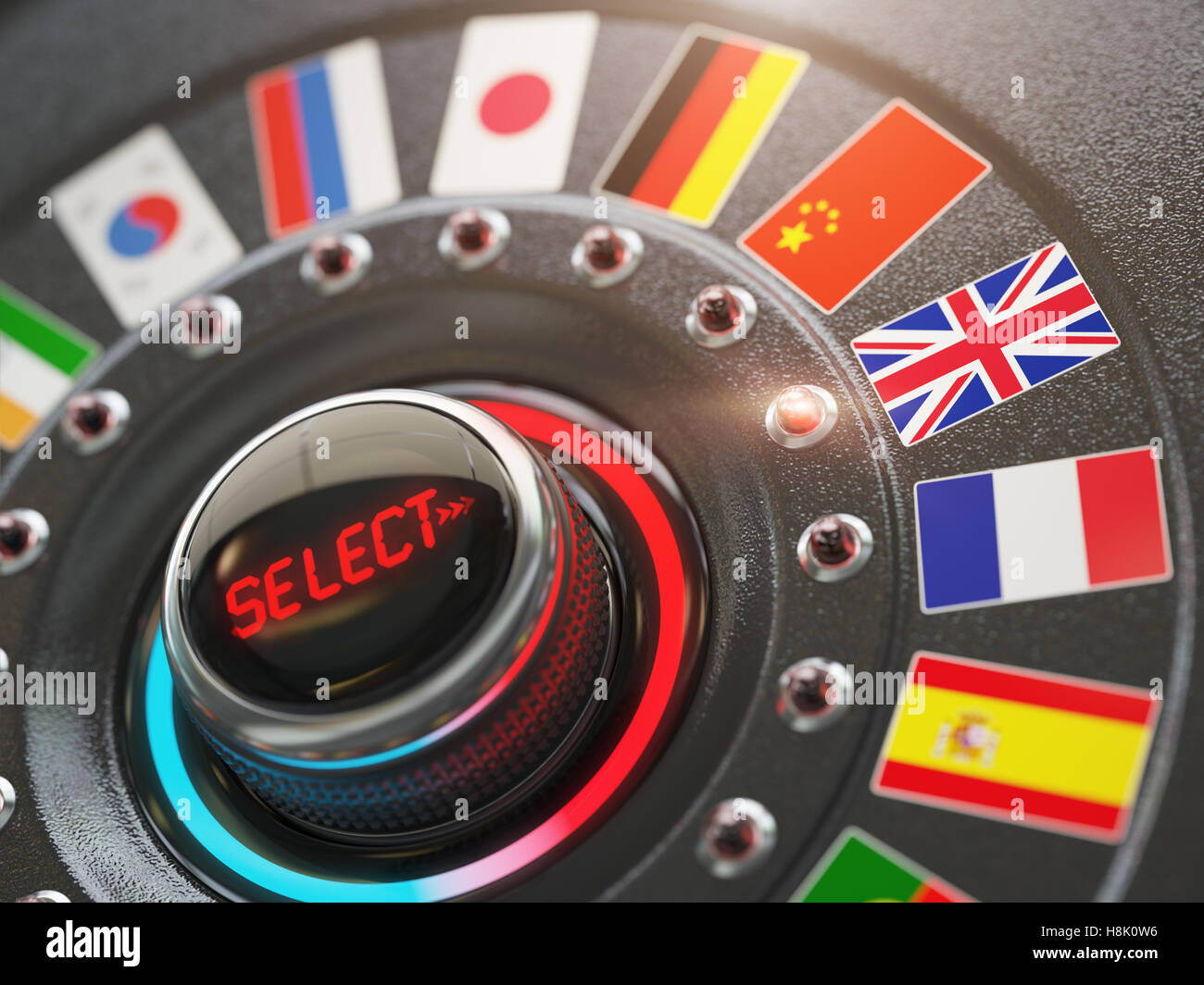 Online learning language or choice language on the web site concept. Online translator. Switch knob button with flags. 3d illust Stock Photo