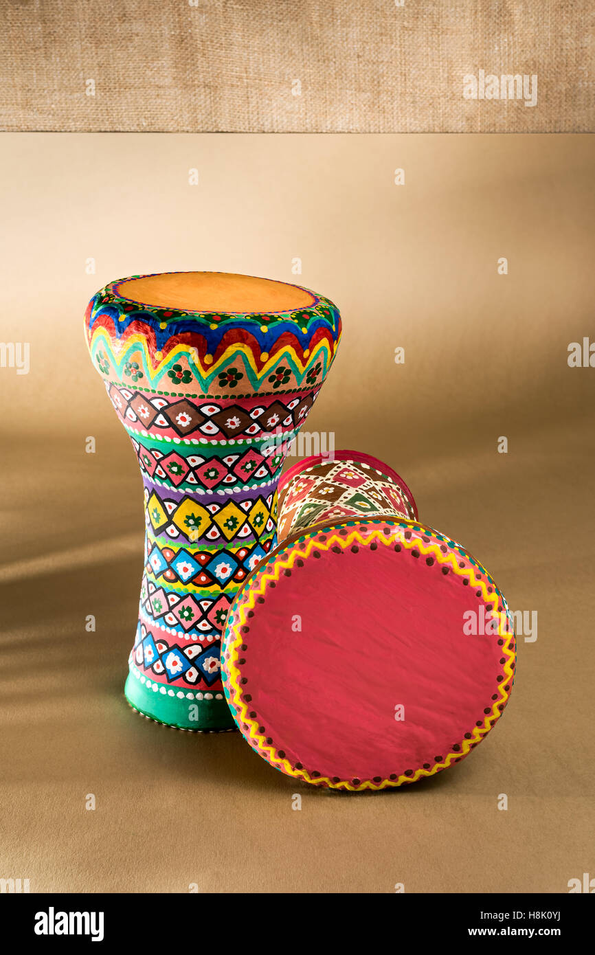 Two decorated colorful pottery goblet drums (chalice drum, tarabuka