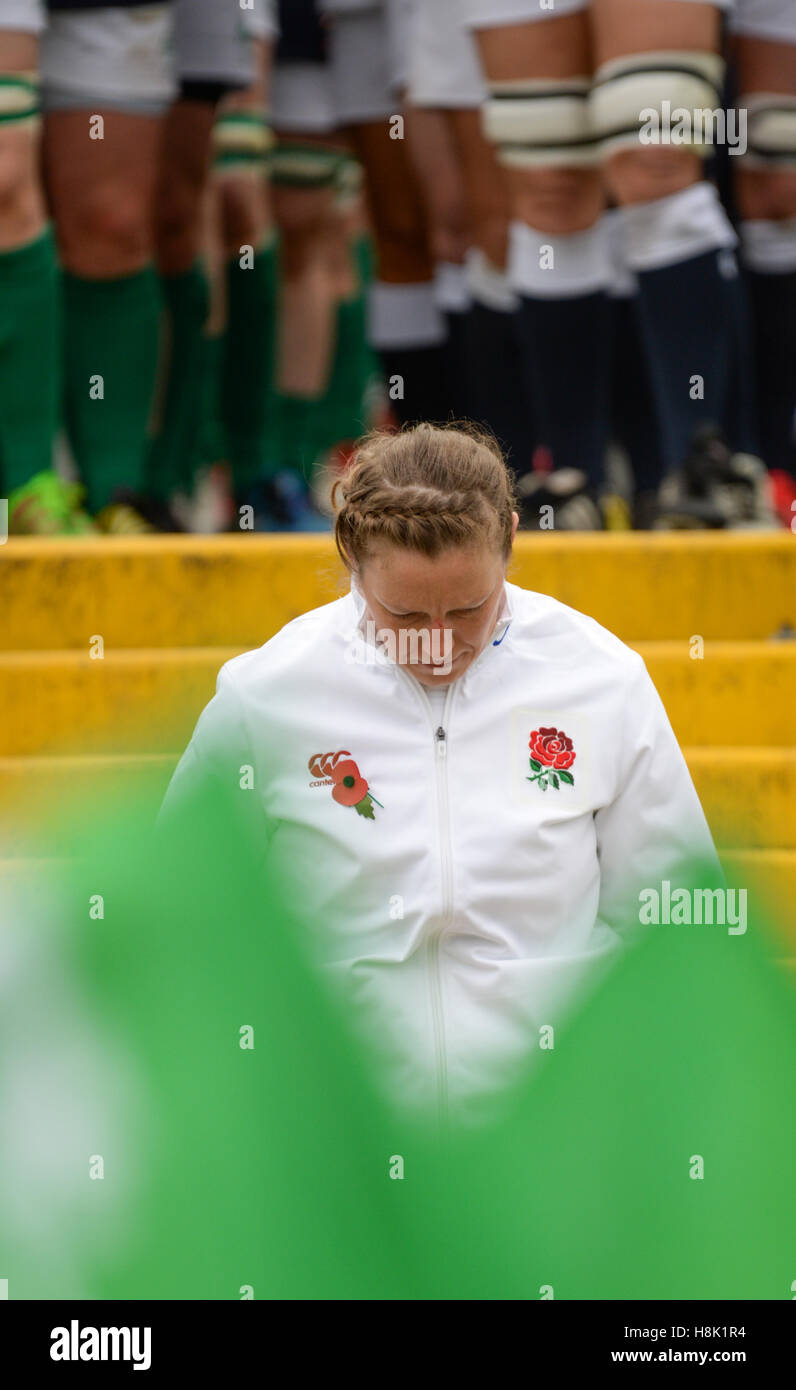England women's Rochelle Clark walks out for the Old Mutual Wealth Series match at University College Dublin. Clark has overtaken Jason LeonardÂ’s record to become EnglandÂ’s most capped player with 115 games, equalling Donna KennedyÂ’s record in the womenÂ’s game. Stock Photo