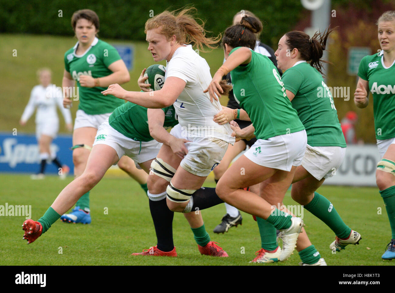 England's Harriet Miller-Hills is tackled during the Old Mutual Wealth Series match at University College Dublin. Stock Photo