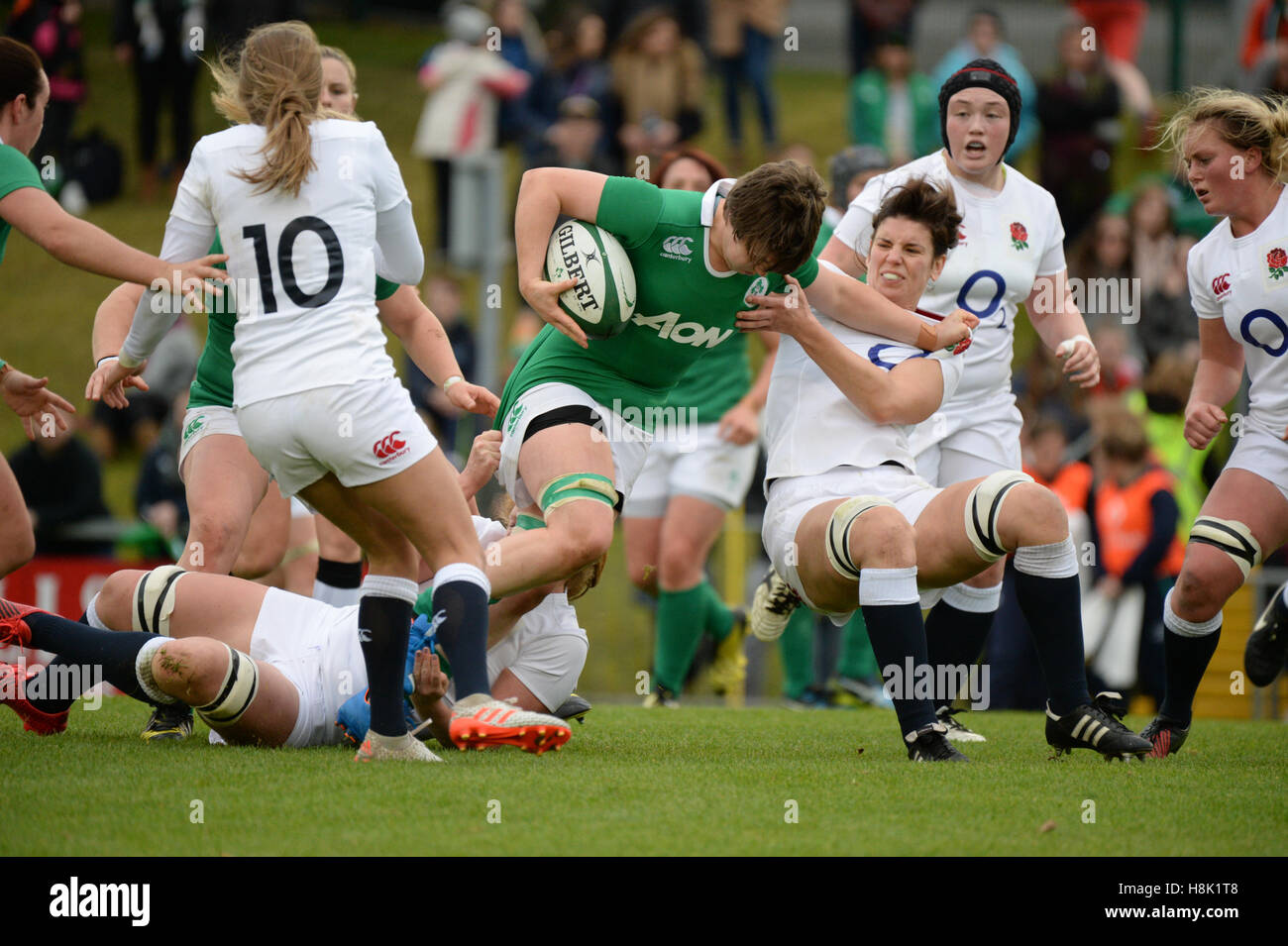 Ireland's Paula Fitzpatrick is tackled by England's Sarah Hunter during the Old Mutual Wealth Series match at University College Dublin. Stock Photo