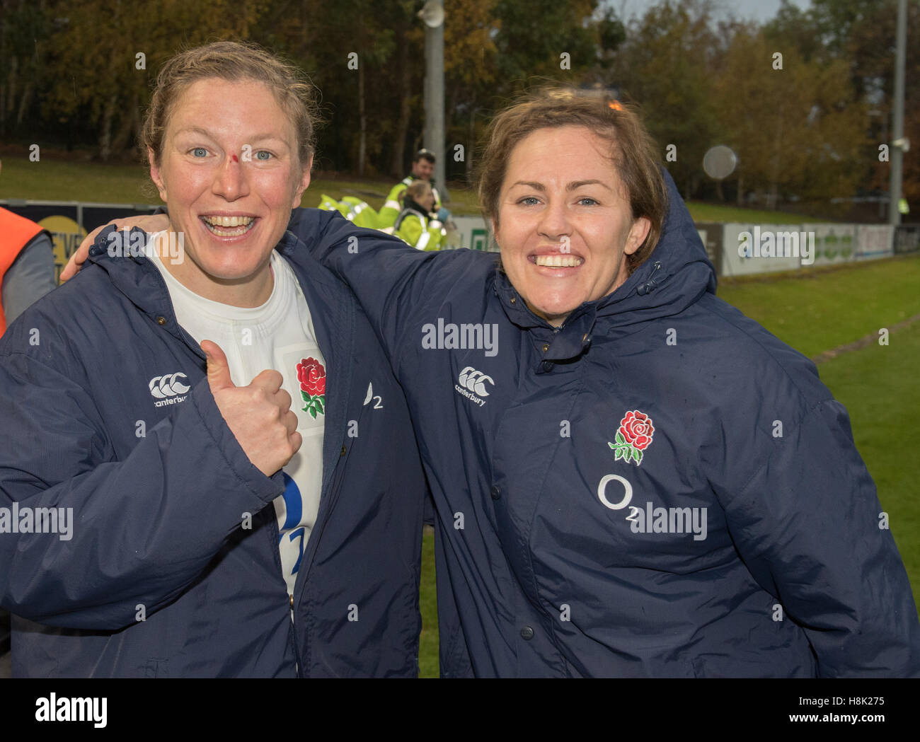 England women's Rochelle Clark (left) poses for a picture after the Old Mutual Wealth Series match at University College Dublin. Clark has overtaken Jason LeonardÂ’s record to become EnglandÂ’s most capped player with 115 games, equalling Donna KennedyÂ’s record in the womenÂ’s game. Stock Photo