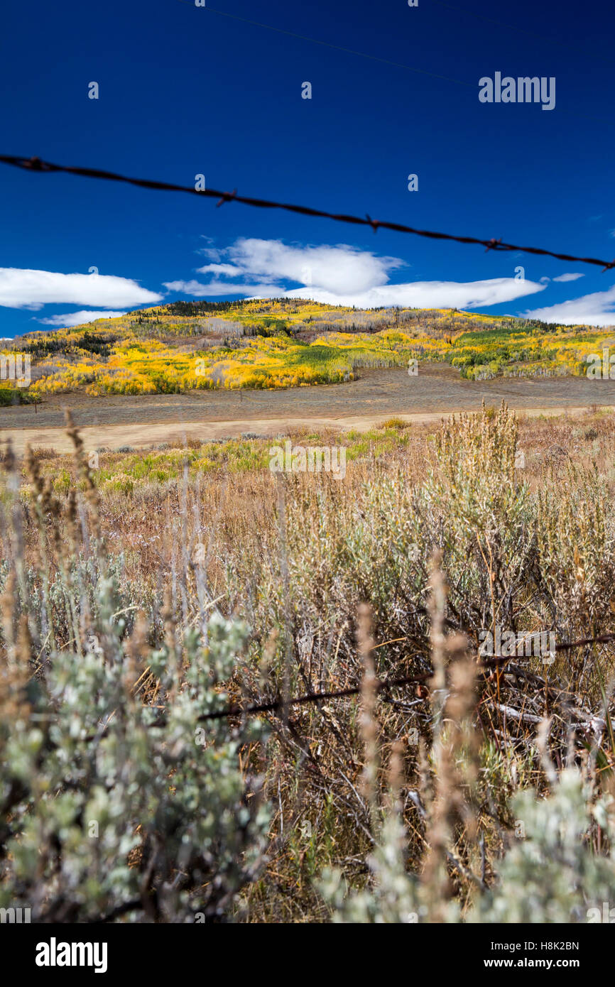 Kremmling, Colorado - Fall colors above a ranch in the Rocky Mountains. Stock Photo