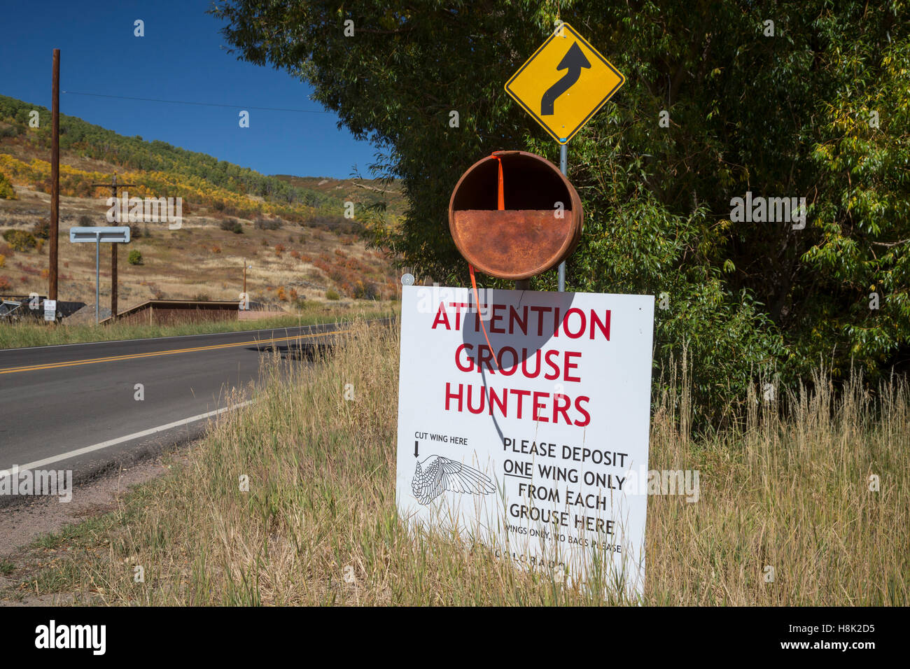 Oak Creek, Colorado - A container where grouse hunters are asked to deposit one wing from each grouse for a scientific study. Stock Photo