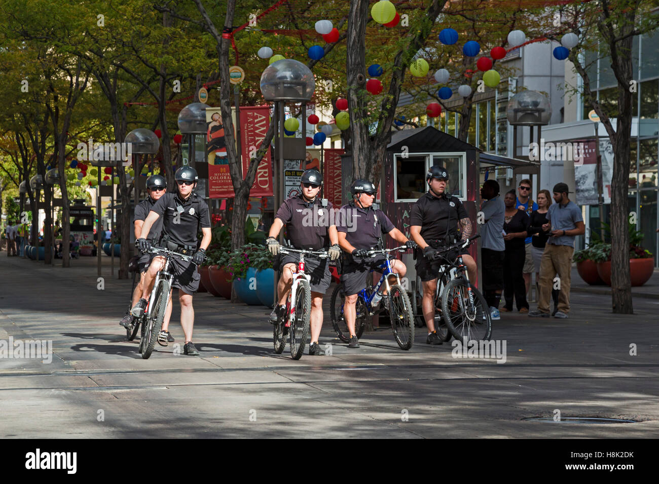 Denver, Colorado - Bicycle policemen on the 16th Street pedestrian mall. Stock Photo