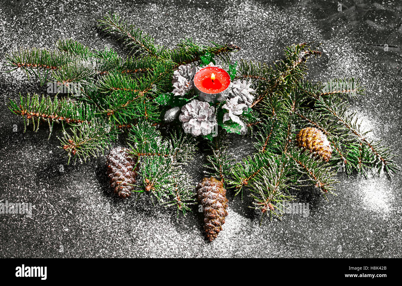 Spruce branches with pinecones and Christmas ornaments Stock Photo - Alamy
