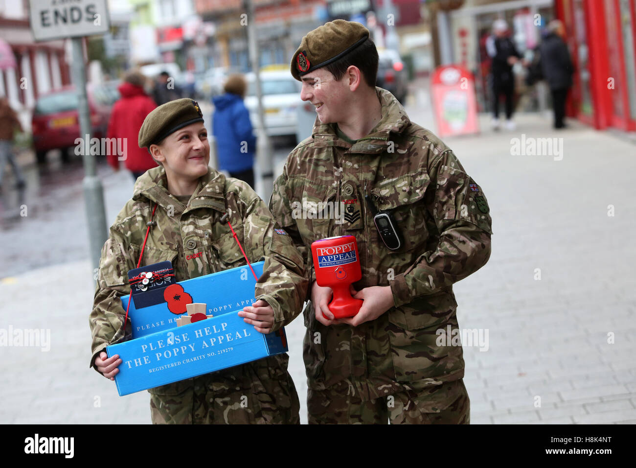 Young Army cadets pictured in Bognor Regis High Street selling poppies for the Poppy Appeal and to mark Remembrance Day. UK. Stock Photo