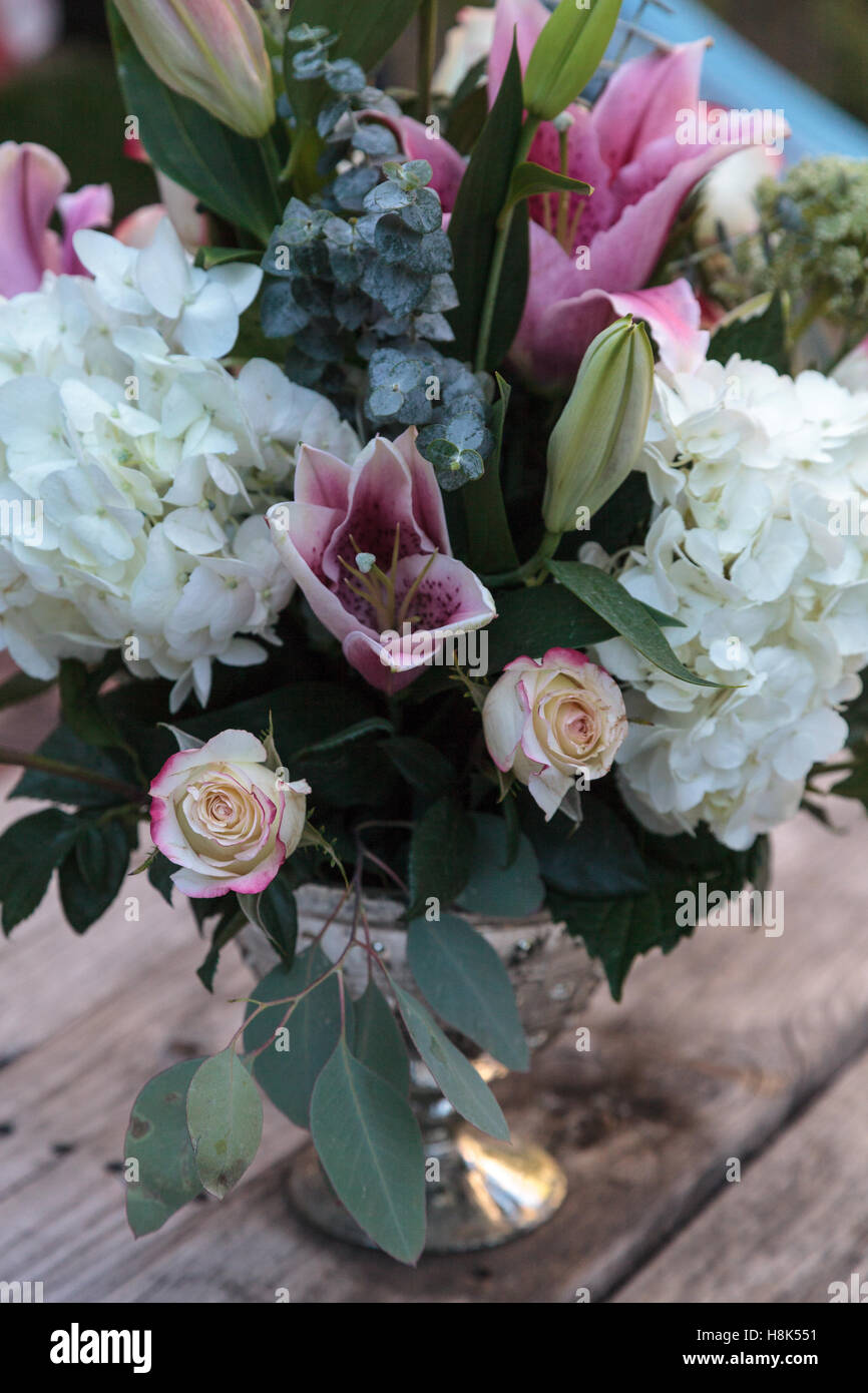 Wedding Bouquet Of White And Pink Flowers Including Roses Hydrangea Star Gazer Lilies And Queen Annes Lace On A Rustic Table I Stock Photo Alamy
