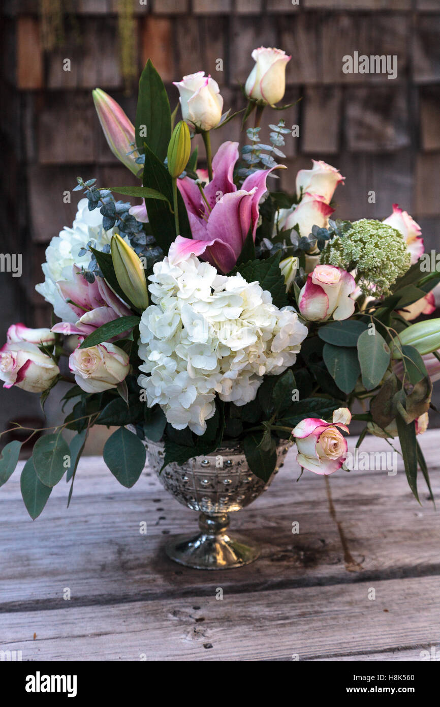Wedding bouquet of white and pink flowers including roses, hydrangea ...