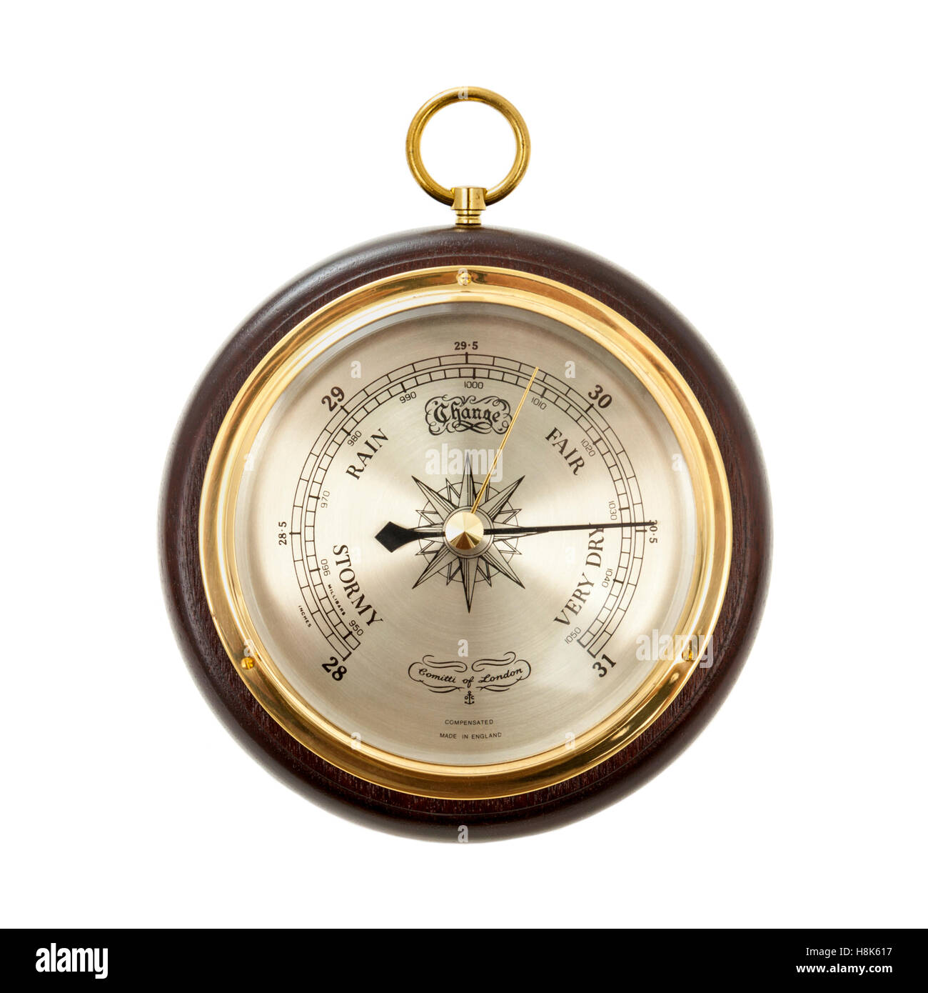 Barometer by Comitti of London, a British company founded in 1845 by Onorato Comitti, an Italian precision instrument maker Stock Photo