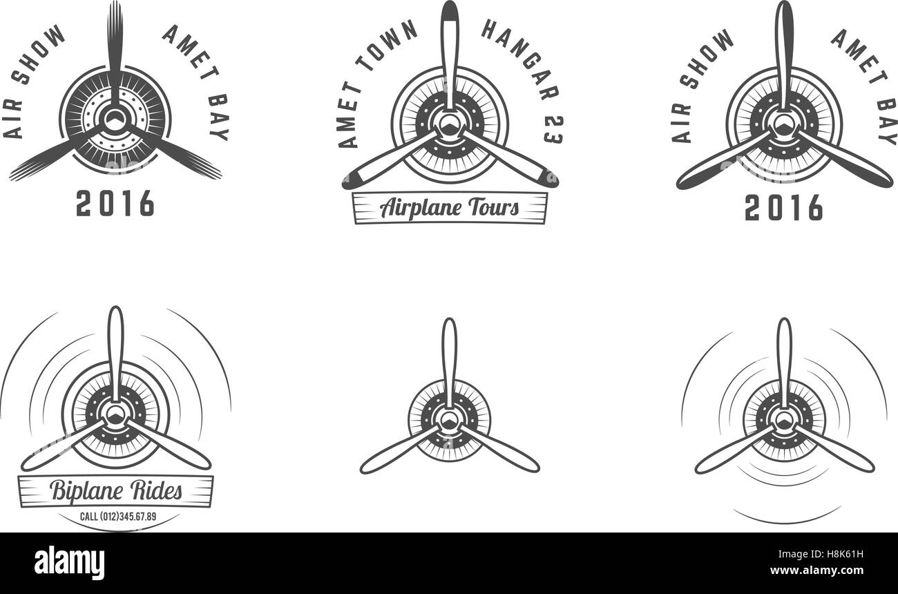 Set of Vintage airplane propeller emblems. Biplane labels. Retro Plane badges and design