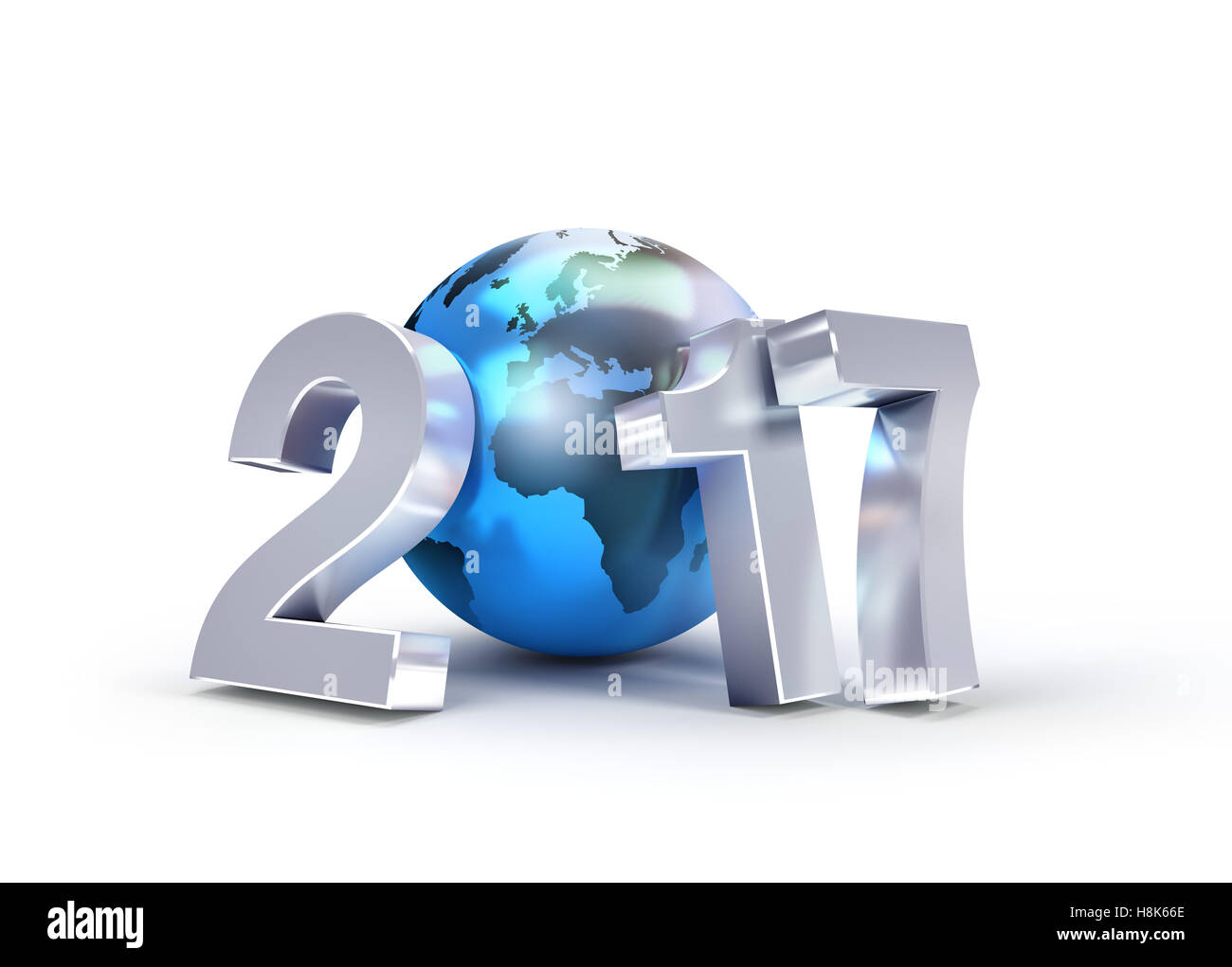 2017 New Year type composed with a blue planet earth, isolated on white - 3D illustration Stock Photo