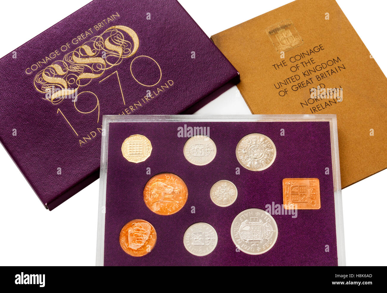 Last Royal Mint set of imperial Coinage of Great Britain and Northern Ireland from 1970, the last year of pre-decimal coinage. Stock Photo