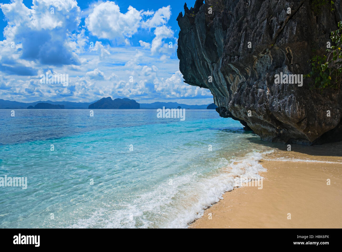 Beautiful tropical beach. Scenic landscape with sandy beach sea and mountain island, El Nido, Palawan, Philippines, Asia Stock Photo