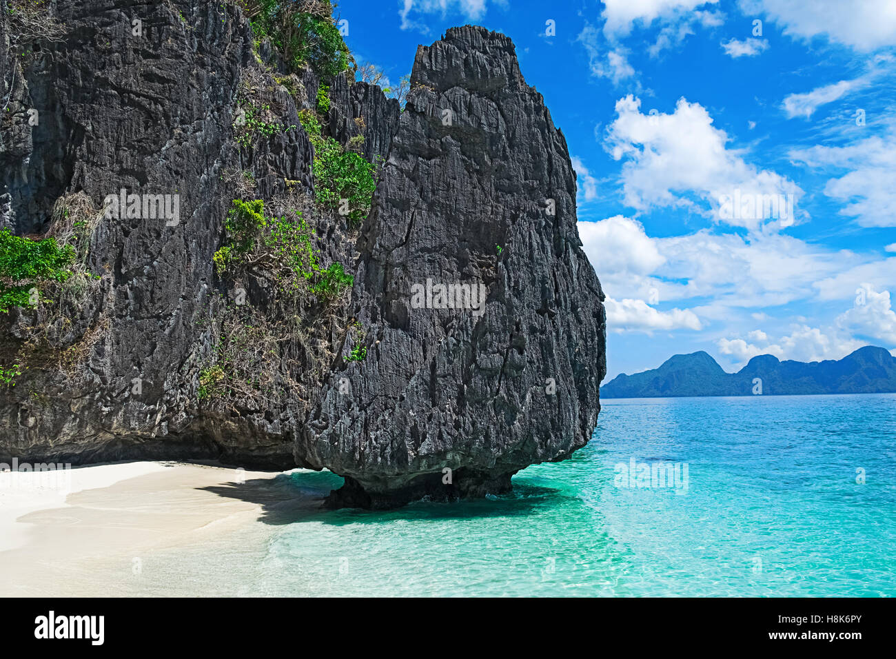 Beautiful tropical beach. Scenic landscape with sandy beach sea and mountain island, El Nido, Palawan, Philippines, Asia Stock Photo