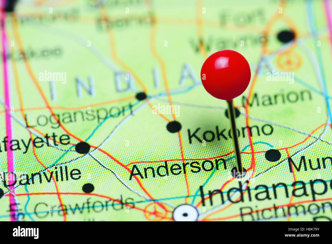 Anderson pinned on a map of Indiana, USA Stock Photo Alamy