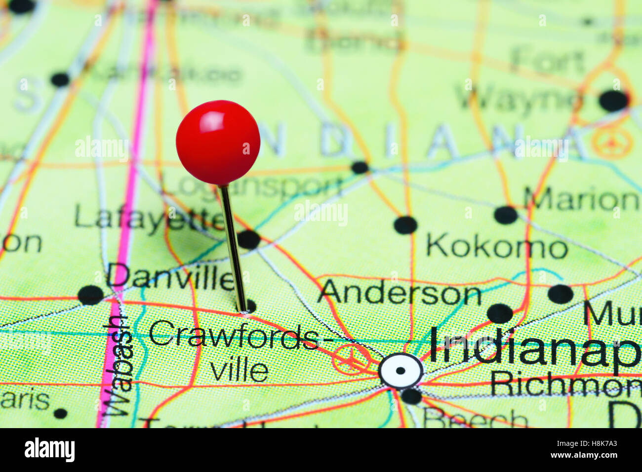 Crawfordsville pinned on a map of Indiana, USA Stock Photo