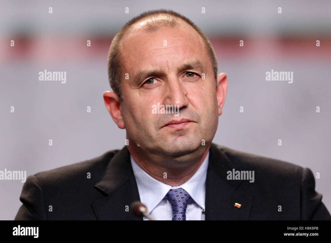 Sofia, Bulgaria - November 13, 2016: Bulgarian President-elect Rumen Radev speaks during a news conference after the presidentia Stock Photo