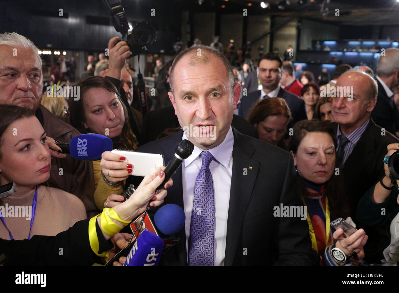 Sofia, Bulgaria - November 13, 2016: Bulgarian President-elect Rumen Radev speaks during a news conference after the presidentia Stock Photo