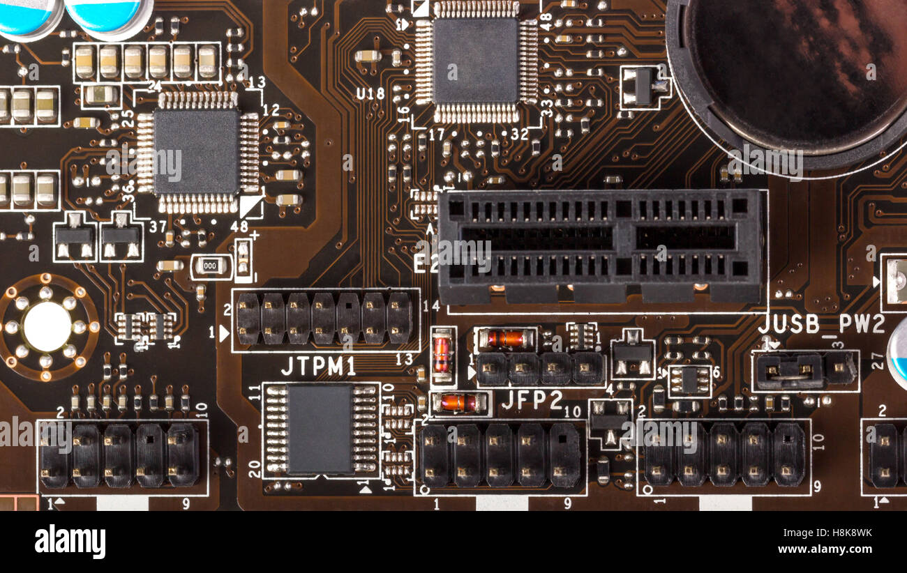 Electronics components on modern PC computer mainboard Stock Photo Alamy